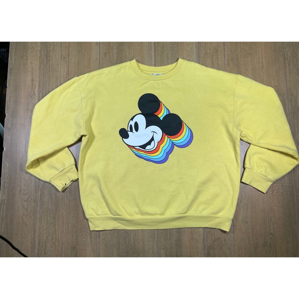 Disney Mickey & Co Yellow Rainbow Mickey Mouse‎ Crewneck Sweatshirt XL Retro